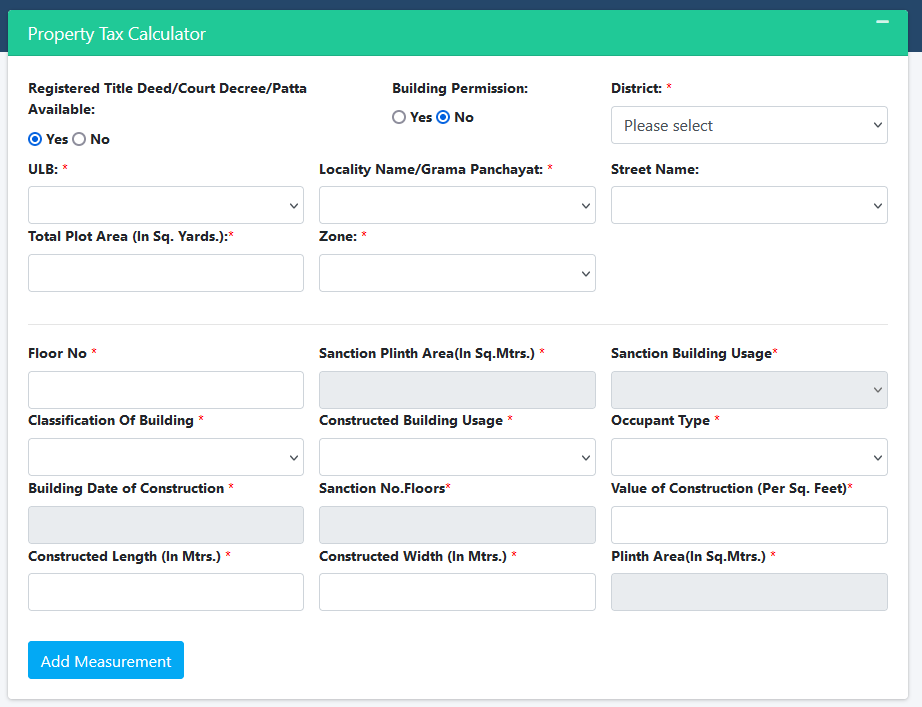 Telangana Municipality Property Tax Calculator Options